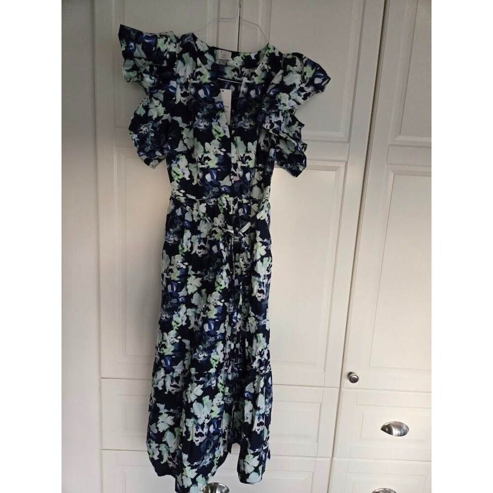 A New Day Flutter Sleeve Poplin Tiered Midi Dress - Navy Floral - Womens MEDIUM - Picture 2 of 5